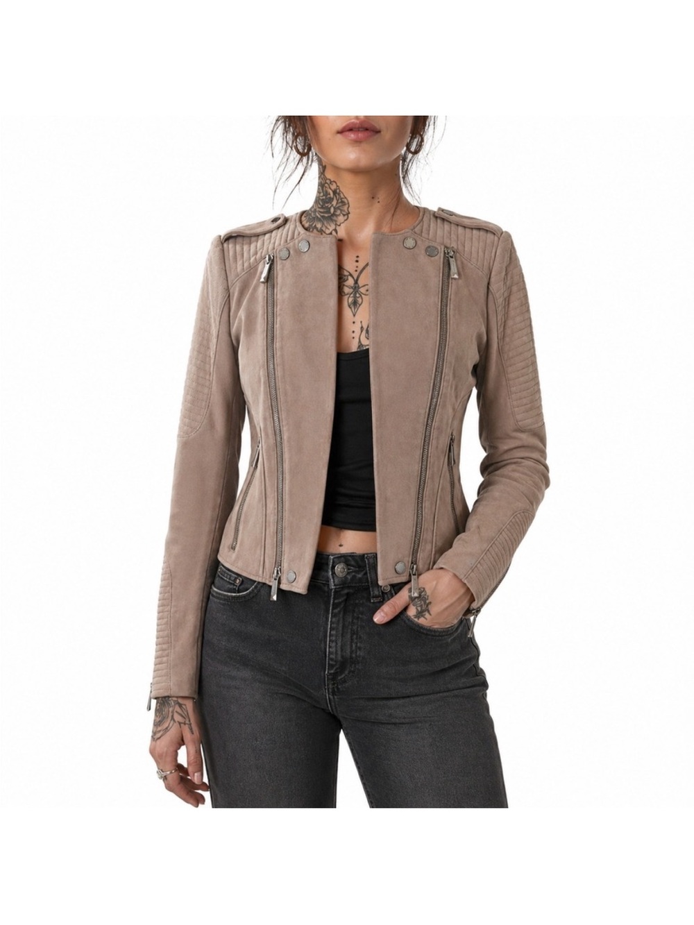 BCBGMaxAzria Taupe Suede Cropped Moto Jacket